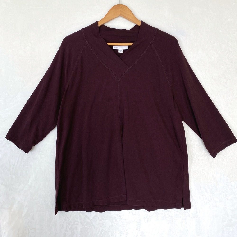 Pure Jill Affinity French Terry‎ V Neck 3/4 Sleeve Top Petite L Burgundy